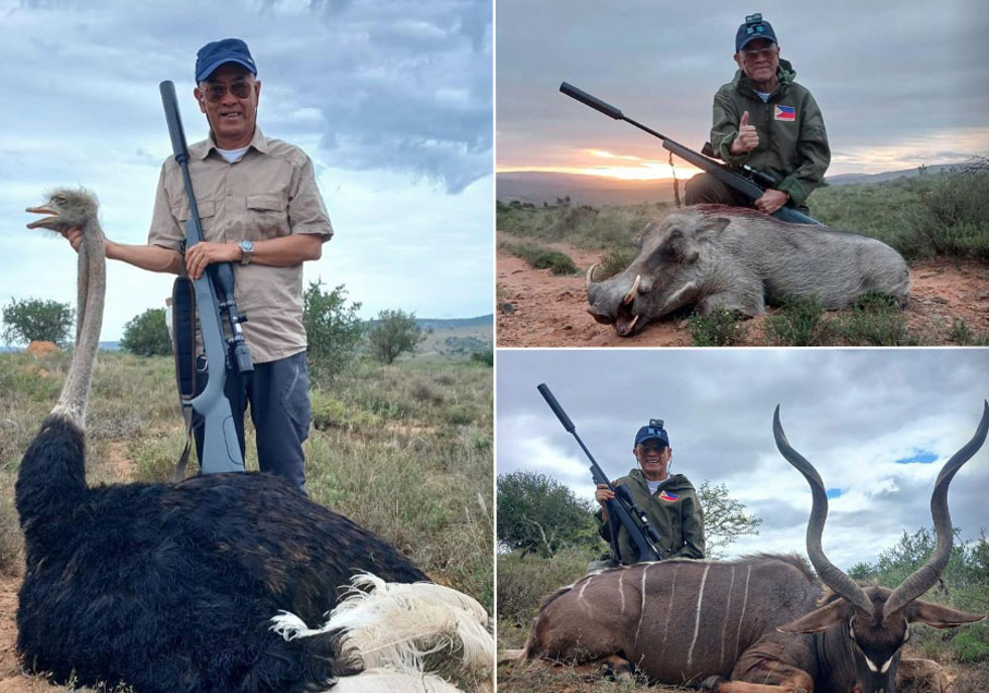 Alberto with his Ostrich, Warthog and Kudu trophies during his African hunting safari