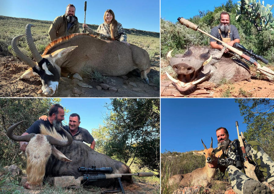 Ashley and Curly with White Blesbuck trophies and Mountain Reedbuck during their South African hunting safari